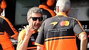 McLaren's Italian team principal Andrea Stella reacts during the first day of the Formula One pre-season testing at the Bahrain International Circuit in Sakhir on February 11, 2026. (Photo by Giuseppe CACACE / AFP)