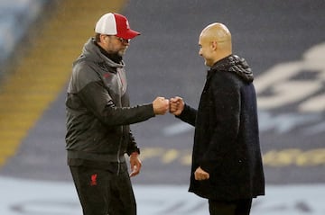 November 8, 2020 Manchester City manager Pep Guardiola and Liverpool manager Juergen Klopp bump fists after the 