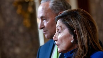 U.S. Speaker of the House Nancy Pelosi, joined by Senate Minority Leader Chuck Schumer, speaks to reporters in the U.S. Capitol in Washington, U.S. July 29, 2020. REUTERS/Erin Scott