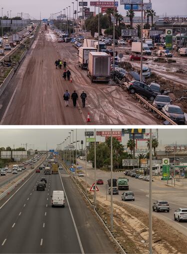 Imagen superior: La gente camina junto a unos automóviles y camiones que se encontraban entre los escombros arrastrados por las inundaciones a lo largo de la carretera V-31 cerca del municipio de Massanassa. Imagen inferior: Situación de la misma zona en la actualidad. 