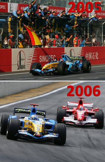 Fernando Alonso terminaría en 2005 con la hegemonía de Michael Schumacher y Ferrari, haciendo historia al convertirse en el primer español (y piloto más joven hasta entonces, con 24 años) en ser campeón de Fórmula 1. Al año siguiente El piloto asturiano revalidó título en 2006, consiguiendo su segundo y último título hasta la fecha. Renault se haría también con el título de constructores con el R26. En la imagen Fernando Alonso por delante del Ferrari de Schumacher en Interlagos, Brasil.