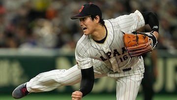 Japan's starter Shohei Ohtani throws a pitch during the 2023 World Baseball Classic