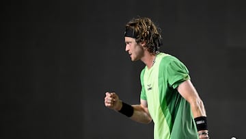 Russia's Andrey Rublev reacts after a point against US' Emilio Nava during the Mexico ATP Open men's singles tennis quarter-final match at the Cabo Sports Complex in Los Cabos, Baja California, Mexico on July 17, 2025. (Photo by Alfredo ESTRELLA / AFP)