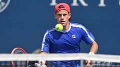 Aug 6, 2023; Toronto, Ontario, Canada;  Diego Schwartzman (ARG) plays a shot against Aleksandar Vukic (AUS) (not shown) during qualifying play at Sobeys Stadium. Mandatory Credit: Dan Hamilton-USA TODAY Sports