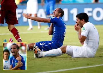 El 24 de junio de 2014, durante el partido entre Uruguay-Italia de la fase de grupos del Mundial, Luis Suárez mordió a Chiellini.  Le impusieron nueve partidos sin poder jugar con su selección y cuatro meses sin poder entrar en un recinto deportivo.