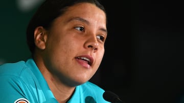 Brisbane (Australia), 29/07/2023.- Australian soccer player Sam Kerr speaks to the media in Brisbane, Australia 29 July 2023. The CommBank Matildas will face Canada in their third and final Group Stage match of the FIFA Women's World Cup 2023 Australia & New Zealand at Melbourne Rectangular Stadium on July 31. (Mundial de Fútbol, Nueva Zelanda) EFE/EPA/JONO SEARLE AUSTRALIA AND NEW ZEALAND OUT
