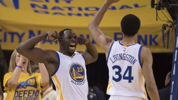 April 16, 2017; Oakland, CA, USA; Golden State Warriors forward Draymond Green (23) celebrates with guard Shaun Livingston (34) against the Portland Trail Blazers during the fourth quarter in game one of the first round of the 2017 NBA Playoffs at Oracle Arena. The Warriors defeated the Trail Blazers 121-109. Mandatory Credit: Kyle Terada-USA TODAY Sports