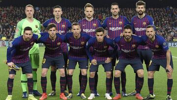 (BACK L-R) Barcelona's German goalkeeper Marc-Andre Ter Stegen, Barcelona's French defender Clement Lenglet, Barcelona's Croatian midfielder Ivan Rakitic, Barcelona's Spanish midfielder Sergio Busquets, Barcelona's Spanish defende