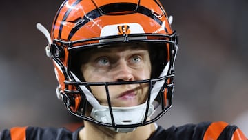 Sep 23, 2024; Cincinnati, Ohio, USA; Cincinnati Bengals quarterback Joe Burrow (9) reacts as he looks at the scoreboard during the fourth quarter against the Washington Commanders at Paycor Stadium. Mandatory Credit: Joseph Maiorana-Imagn Images