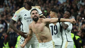 MADRID 21/01/2024.- El defensa del Real Madrid Dani Carvajal celebra su gol ante el Almería, durante el partido de LaLiga correspondiente a la jornada 21, y que enfrenta este domingo a Real Madrid y UD Almería en el Santiago Bernabéu. EFE/Kiko Huesca