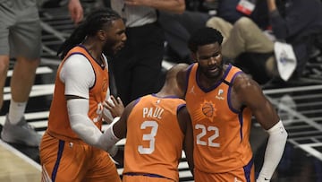 LOS ANGELES, CALIFORNIA - JUNE 26: Deandre Ayton #22 of the Phoenix Suns reacts after a blocked shot against the LA Clippers during the second half in game four of the Western Conference Finals at Staples Center on June 26, 2021 in Los Angeles, California. NOTE TO USER: User expressly acknowledges and agrees that, by downloading and or using this photograph, User is consenting to the terms and conditions of the Getty Images License   Kevork Djansezian/Getty Images/AFP
 == FOR NEWSPAPERS, INTERNET, TELCOS &amp; TELEVISION USE ONLY ==