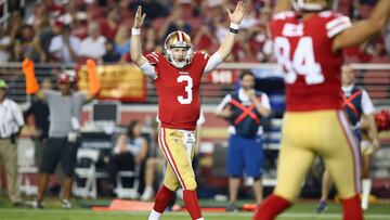 SANTA CLARA, CA - AUGUST 31: C.J. Beathard #3 of the San Francisco 49ers reacts after the 49ers scored a touchdown against the Los Angeles Chargers at Levi&#039;s Stadium on August 31, 2017 in Santa Clara, California.   Ezra Shaw/Getty Images/AFP
 == FOR NEWSPAPERS, INTERNET, TELCOS &amp; TELEVISION USE ONLY ==