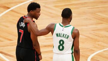 Mar 4, 2021; Boston, Massachusetts, USA; Boston Celtics guard Kemba Walker (8) and Toronto Raptors guard Kyle Lowry (7) on the court after the game at TD Garden. Mandatory Credit: David Butler II-USA TODAY Sports