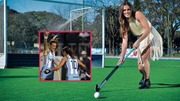Carla Redecchi posando y como jugadora de la selección de Argentina.