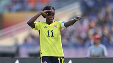 Linda Caicedo celebrando un gol de la Selección Colombia en el Mundial Femenino Sub 17 de la India.