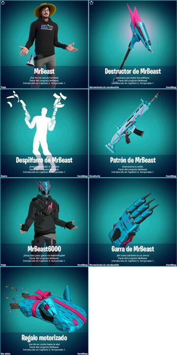 Todos los objetos de MrBeast disponibles en la tienda de Fortnite