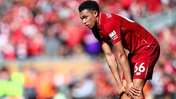 LIVERPOOL, ENGLAND - MAY 12: A dejected Trent Alexander-Arnold of Liverpool during the Premier League match between Liverpool FC and Wolverhampton Wanderers at Anfield on May 12, 2019 in Liverpool, United Kingdom. (Photo by Robbie Jay Barratt - AMA/Getty 