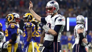 ATLANTA, GEORGIA - FEBRUARY 03: Tom Brady #12 of the New England Patriots reacts in the second half against the Los Angeles Rams during Super Bowl LIII at Mercedes-Benz Stadium on February 03, 2019 in Atlanta, Georgia.   Al Bello/Getty Images/AFP
 == FOR NEWSPAPERS, INTERNET, TELCOS &amp; TELEVISION USE ONLY ==