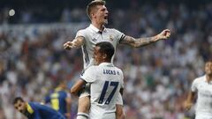 Kroos celebra su gol con Lucas V&aacute;zquez.