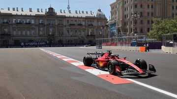 Ferrari's Monegasque driver Charles Leclerc steers his car during the sprint shootout ahead of the Formula One Azerbaijan Grand Prix at the Baku City Circuit in Baku on April 29, 2023. (Photo by Giuseppe CACACE / AFP)