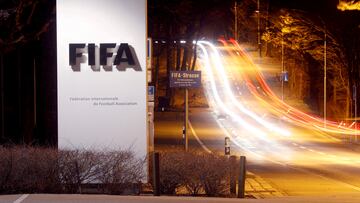 FILE PHOTO: A long exposure shows FIFA's logo near its headquarters in Zurich, Switzerland February 27, 2022. REUTERS/Arnd Wiegmann/File Photo