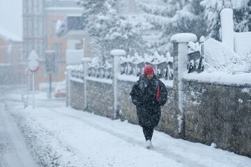 Una mujer camina por la calle mientras nieva en Cantabria. La Agencia Estatal de Meteorología (Aemet) ha activado en Cantabria las alertas amarilla y naranja por lluvias y nieve, mientras que el Gobierno de Cantabria ha activado la fase de preemergencias del Plan Territorial de Emergencias de la Comunidad (PLATERCANT). Debido al temporal, Cantabria permanece en alerta por la lluvia, con precipitaciones que pueden acumular hasta 80 litros por metro cuadrado; nieve, con espesores que pueden llegar a los 20 centímetros, y viento, con velocidades que superan los 100 kilómetros por hora.