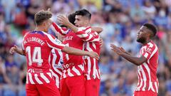 GETAFTE, SPAIN - AUGUST 15: Alvaro Morata of Atletico Madrid celebrates 0-1 with Joao Felix of Atletico Madrid, Marcos Llorente of Atletico Madrid  during the La Liga Santander  match between Getafe v Atletico Madrid at the Coliseum Alfonso Perez on August 15, 2022 in Getafte Spain (Photo by David S. Bustamante/Soccrates/Getty Images)