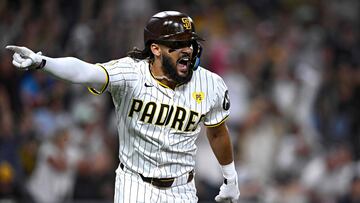 SAN DIEGO, CALIFORNIA - SEPTEMBER 04: Fernando Tatis Jr. #23 of the San Diego Padres celebrates his walk-off single against the Detroit Tigers in the 10th inning at Petco Park on September 04, 2024 in San Diego, California. Orlando Ramirez/Getty Images/AFP (Photo by Orlando Ramirez / GETTY IMAGES NORTH AMERICA / Getty Images via AFP)