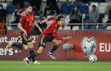 Spain's Bryan Gil in action with Jordi Alba against Georgia.