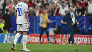 France's forward #10 Kylian Mbappe reacts at the end of the UEFA Euro 2024 semi-final football match between Spain and France at the Munich Football Arena in Munich on July 9, 2024. (Photo by MIGUEL MEDINA / AFP)