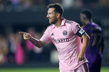 Lionel Messi celebrates after scoring a goal during the Leagues Cup 2023 Round of 32 match between Orlando City SC and Inter Miami CF at DRV PNK Stadium.