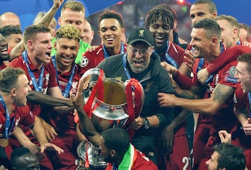 Madrid (Spain).- (FILE) - Liverpool's manager Juergen Klopp (C) lifts the trophy after winning the UEFA Champions League final between Tottenham Hotspur and Liverpool FC at the Wanda Metropolitano stadium in Madrid, Spain, 01 June 2019 (reissued 26 January 2024). Klopp announced he will leave Liverpool FC after the end of the 2023/24 season (Liga de Campeones, España, Reino Unido) EFE/EPA/Peter Powell *** Local Caption *** 55243111
