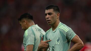 Mexico's midfielder #06 Erik Lira celebrates after scoring during an hybrid friendly football match between Mexico and Internacional at the Beira-Rio Stadium in Porto Alegre, Brazil on January 16, 2025. (Photo by Victor Lannes / AFP)