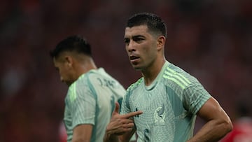 Mexico's midfielder #06 Erik Lira celebrates after scoring during an hybrid friendly football match between Mexico and Internacional at the Beira-Rio Stadium in Porto Alegre, Brazil on January 16, 2025. (Photo by Victor Lannes / AFP)