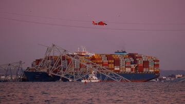 A view of the Dali cargo vessel which crashed into the Francis Scott Key Bridge causing it to collapse in Baltimore, Maryland, U.S., March 26, 2024.  REUTERS/Julia Nikhinson