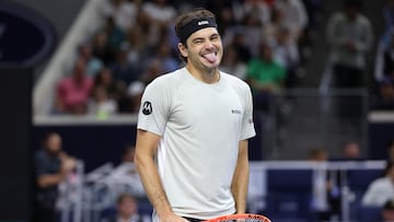 FRISCO, TEXAS - FEBRUARY 15: Taylor Fritz of the United States reacts in the Men's Singles Final match against Ben Shelton of the United States during the final day of the 2026 Dallas Open at The Ford Center at The Star on February 15, 2026 in Frisco, Texas. Sam Hodde/Getty Images/AFP (Photo by Sam Hodde / GETTY IMAGES NORTH AMERICA / Getty Images via AFP)