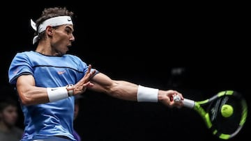 Spanish Rafael Nadal of the Team Europe in action against US Jack Sock of the Team World during the Laver Cup tennis tournament in Prague, Czech Republic.