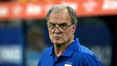 Uruguay's Argentine coach Marcelo Bielsa watches his players from the touchline during the Conmebol 2024 Copa America tournament semi-final football match between Uruguay and Colombia at Bank of America Stadium, in Charlotte, North Caroline on July 10, 2024. (Photo by JUAN MABROMATA / AFP)