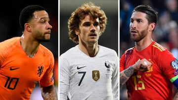 Memphis Depay (Holanda), Antoine Griezmann (Francia) y Sergio Ramos (España) en los primeros partidos de clasificación para la Eurocopa 2020.