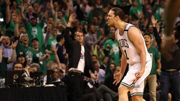 BOSTON, MA - MAY 15: Kelly Olynyk #41 of the Boston Celtics reacts against the Washington Wizards during Game Seven of the NBA Eastern Conference Semi-Finals at TD Garden on May 15, 2017 in Boston, Massachusetts. NOTE TO USER: User expressly acknowledges and agrees that, by downloading and or using this photograph, User is consenting to the terms and conditions of the Getty Images License Agreement.   Elsa/Getty Images/AFP
 == FOR NEWSPAPERS, INTERNET, TELCOS &amp; TELEVISION USE ONLY ==