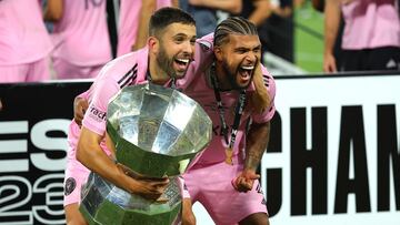 Jordi Alba #18 and DeAndre Yedlin #2 of Inter Miami celebrate after defeating Nashville SC to win the Leagues Cup 2023.