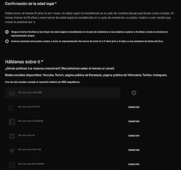Tenemos que confirmar si somos mayores de edad o no, y meter la URL de alguna red social con al menos 1.000 seguidores