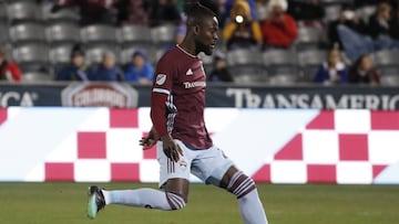 Colorado Rapids forward Kei Kamara connects on a penalty kick for a goal against the Houston Dynamo during the second half of an MLS soccer match Saturday, March 30, 2019, in Commerce City, Colo. Houston won 4-1. (AP Photo/David Zalubowski)