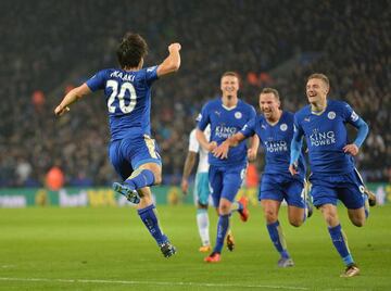 Leicester City's Shinji Okazaki (left) celebrates after scoring the winner against Newcastle United at the King Power Stadium.