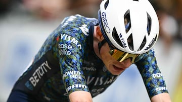 Team Visma - Lease a Bike team's Danish rider Jonas Vingegaard cycles past the finish line of the 14th stage of the 111th edition of the Tour de France cycling race, 151,9 km between Pau and Saint-Lary-Soulan Pla d'Adet, in the Pyrenees mountains in southwestern France, on July 13, 2024. (Photo by Marco BERTORELLO / AFP)