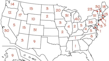 Mapa de reparto de las estaciones de esqu&iacute; por los Estados Unidos. 