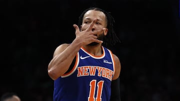BOSTON, MA - FEBRUARY 8: Jalen Brunson #11 of the New York Knicks celebrates after hitting a three point shot against the Boston Celtics during the first quarter at TD Garden on February 8, 2026 in Boston, Massachusetts. NOTE TO USER: User expressly acknowledges and agrees that, by downloading and/or using this Photograph, user is consenting to the terms and conditions of the Getty Images License Agreement. (Photo By Winslow Townson/Getty Images) (Photo by Winslow Townson / GETTY IMAGES NORTH AMERICA / Getty Images via AFP)
