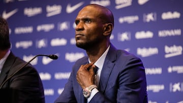 Eric Abidal during the presentation of Arthur Melo from Brasil after being the first new signing for FC Barcelona  2018/2019 La Liga team in Camp Nou Stadiu, Barcelona on 11 of July of 2018.