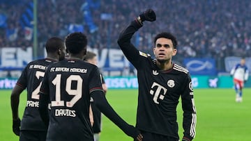Soccer Football - Bundesliga - Hamburger SV v Bayern Munich - Volksparkstadion, Hamburg, Germany - January 31, 2026 Bayern Munich's Luis Diaz celebrates scoring their second goal with Alphonso Davies REUTERS/Fabian Bimmer DFL REGULATIONS PROHIBIT ANY USE OF PHOTOGRAPHS AS IMAGE SEQUENCES AND/OR QUASI-VIDEO.