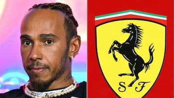 (COMBO) This combination of file pictures created on February 1, 2024, shows Mercedes' British driver Lewis Hamilton attending a press conference ahead of the Las Vegas Grand Prix in las vegas on November 15, 2023, and the logo of Team Ferrari seen on the first day of Formula One pre-season testing at the Bahrain International Circuit in Sakhir on February 23, 2023. (Photo by ANGELA WEISS and Giuseppe CACACE / AFP)